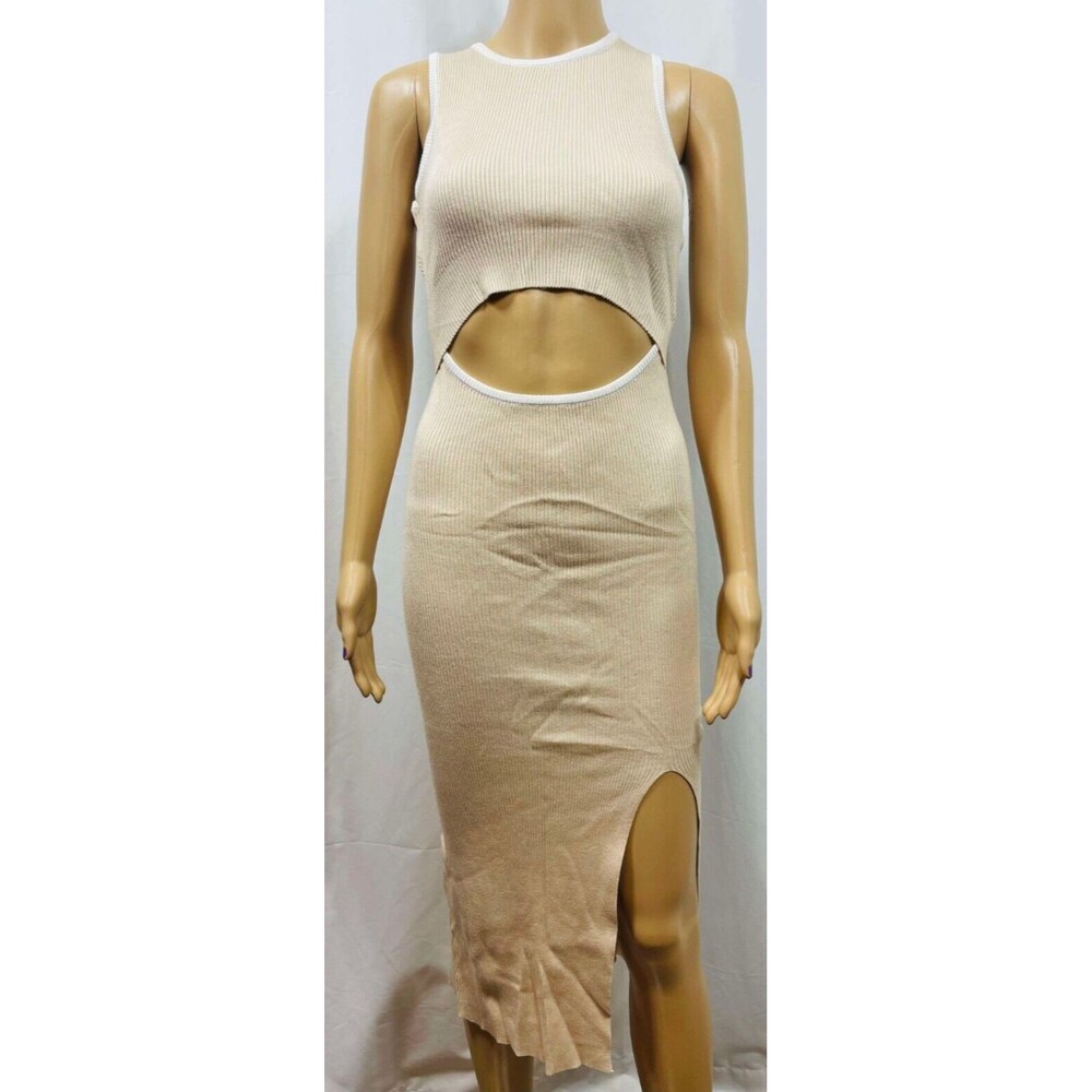 Women's Cutout Crew Neck Sleeveless Tank Slit Ribbed Bodycon Midi Dress Beige S